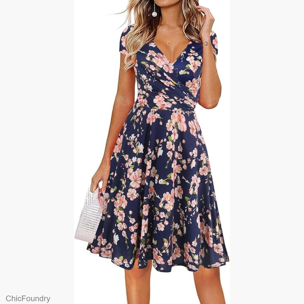 V-Neck Cap Sleeve Floral Dress Casual Party Summer Stretch Swing